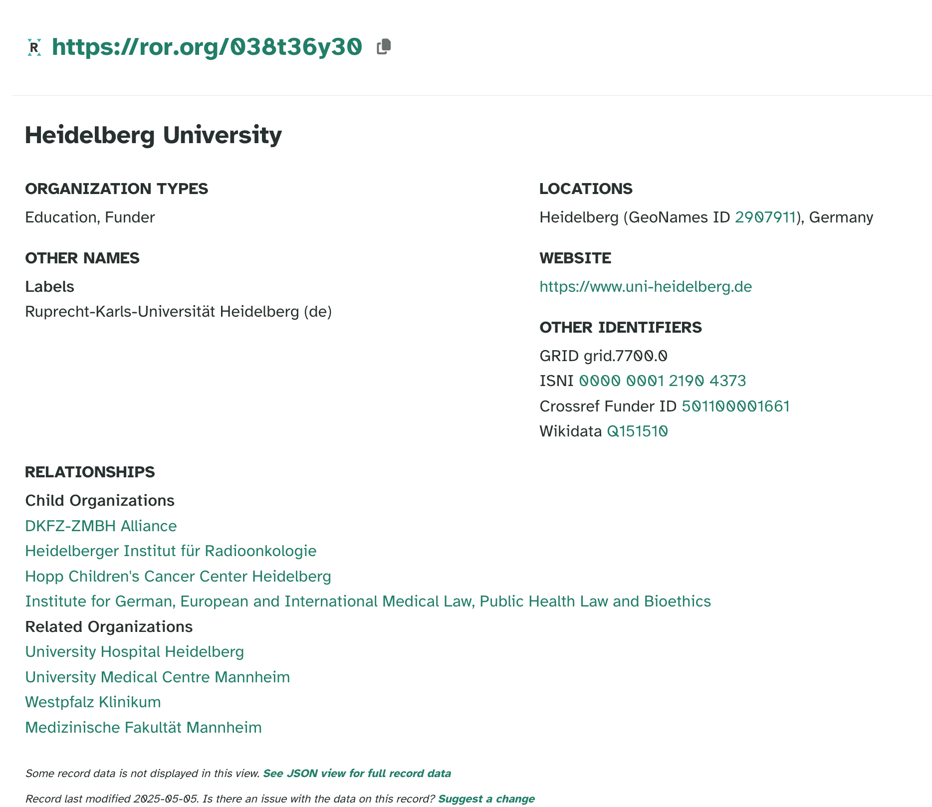 ROR record for Heidelberg University.