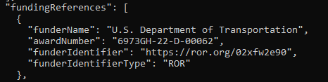 DataCite JSON Metadata of a contract attributed to USDOT with the ROR ID
