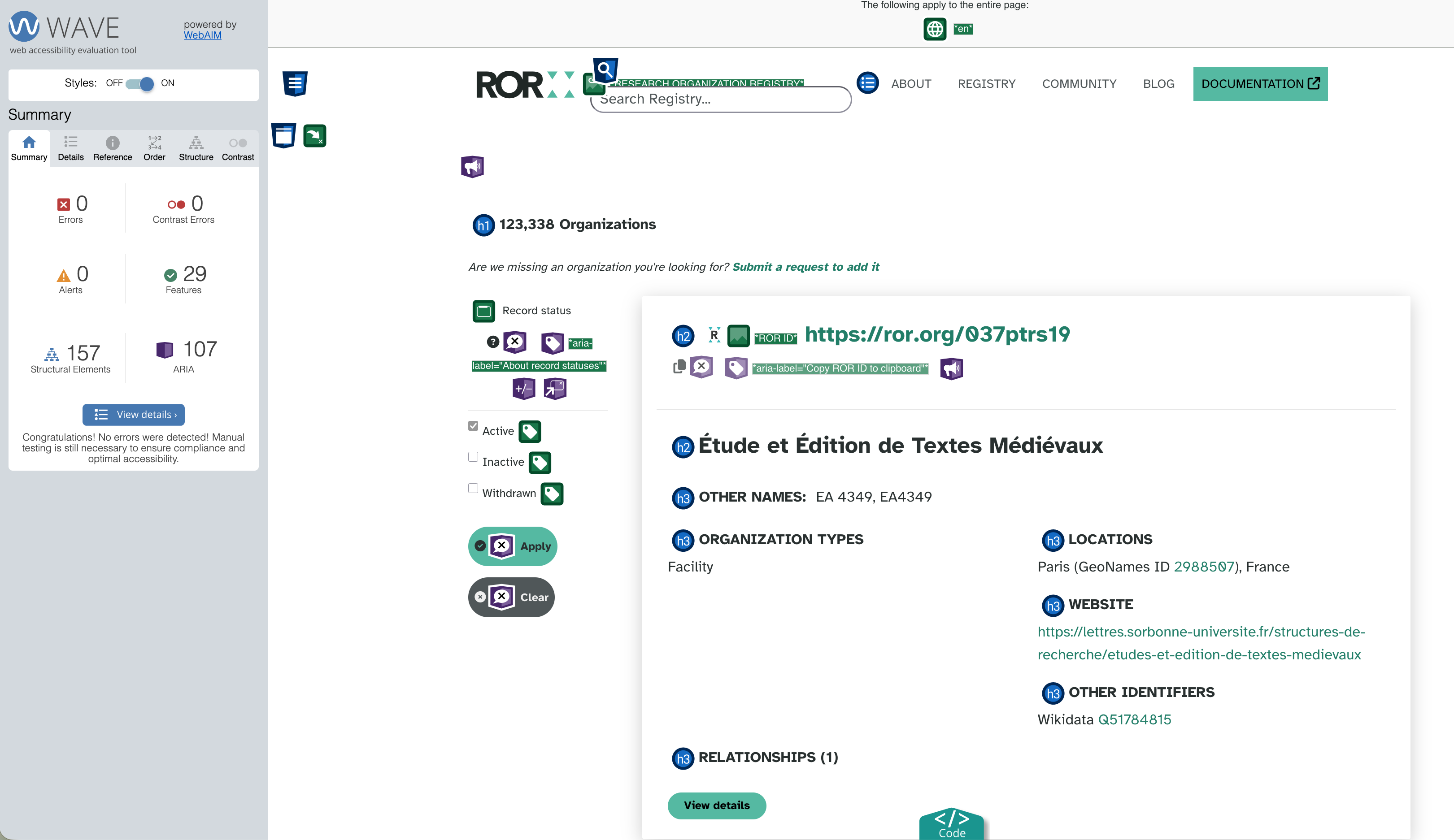 ROR search application with WAVE evaluation.