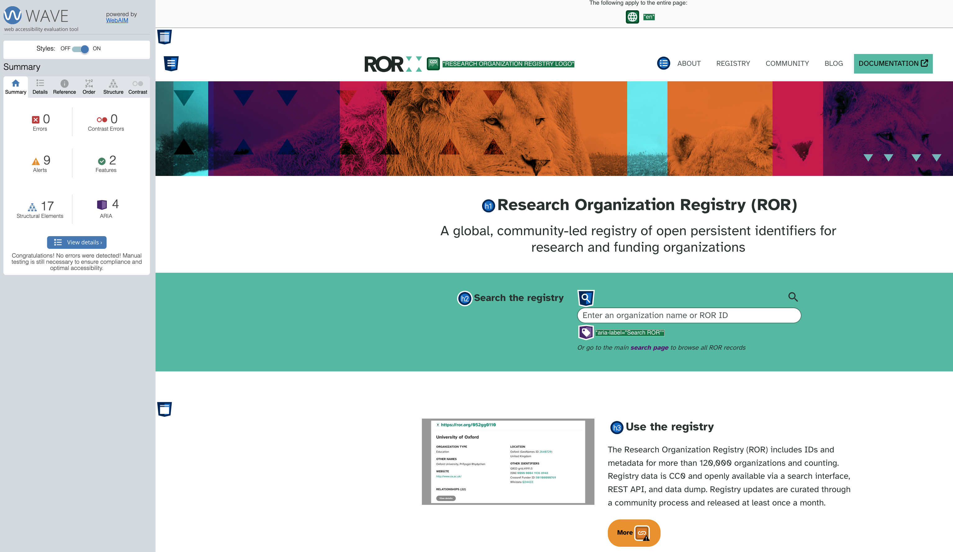 ROR search application home page with WAVE evaluation.